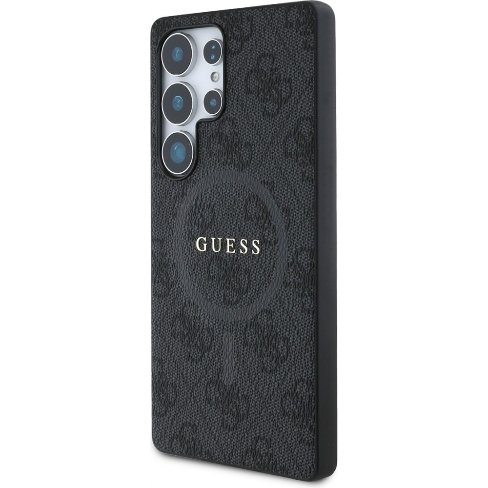 Coque Samsung Galaxy S25 Ultra - Guess monogramme similicuir avec MagSafe intégré et logo doré - Noir