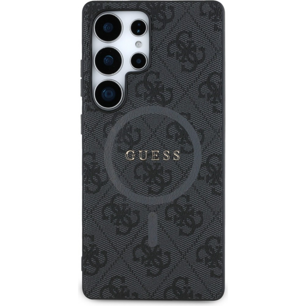 Coque Samsung Galaxy S25 Ultra - Guess monogramme similicuir avec MagSafe intégré et logo doré - Noir
