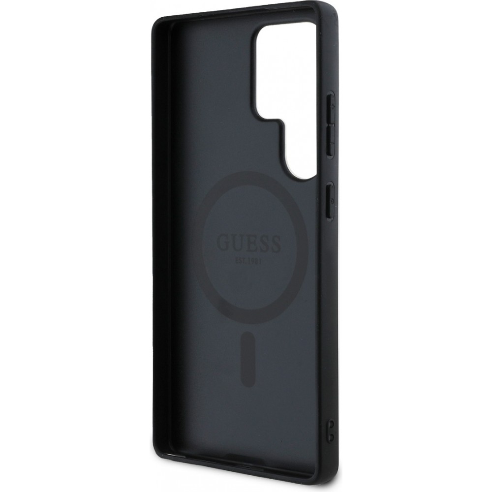 Coque Samsung Galaxy S25 Ultra - Guess monogramme similicuir avec MagSafe intégré et logo doré - Noir