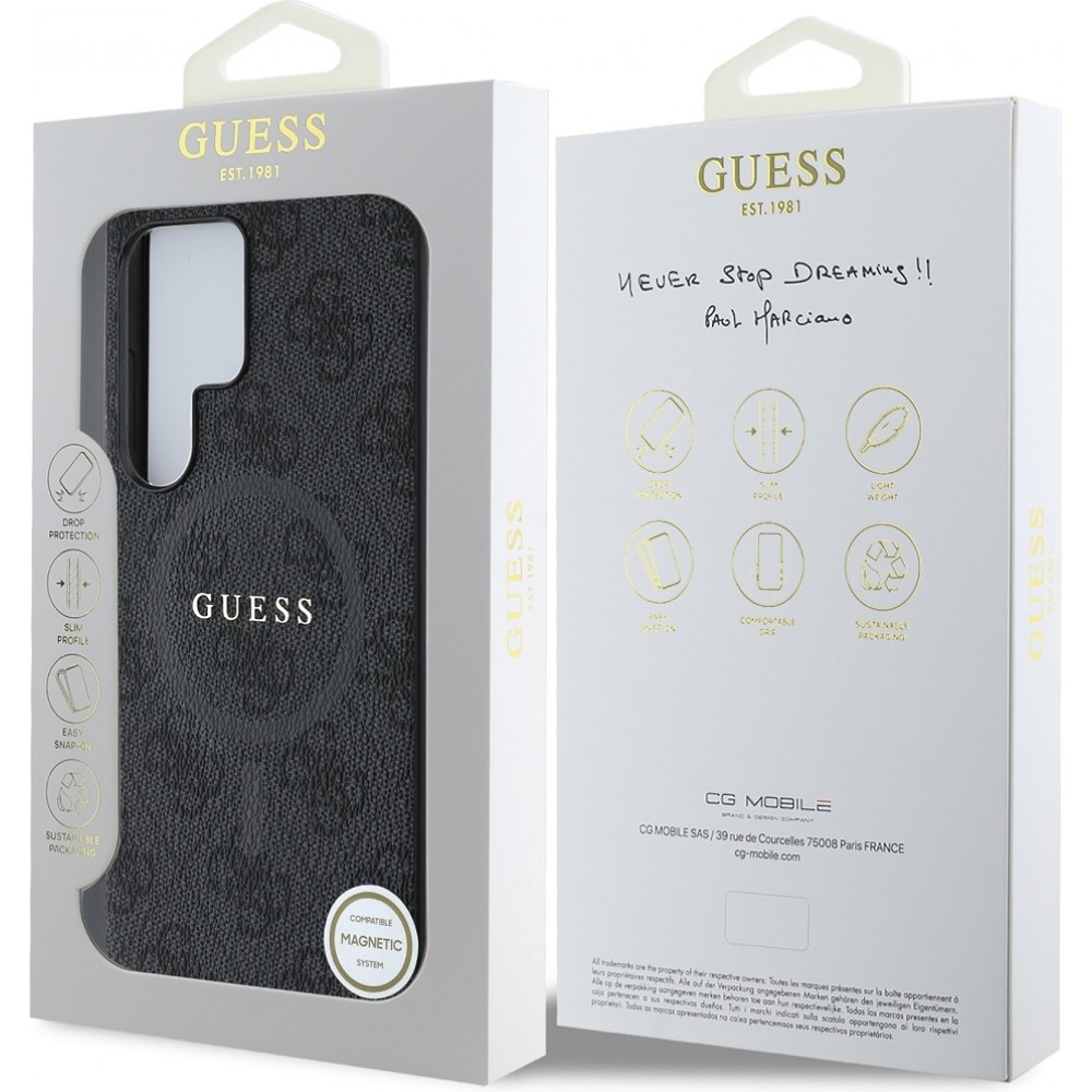 Coque Samsung Galaxy S25 Ultra - Guess monogramme similicuir avec MagSafe intégré et logo doré - Noir