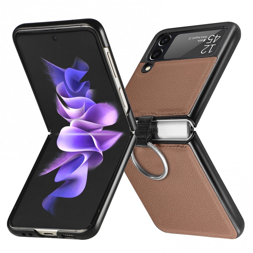 Coque Samsung Galaxy Z Flip3 5G - Fourre en cuir de luxe au look élégant avec anneau de transport - Brun