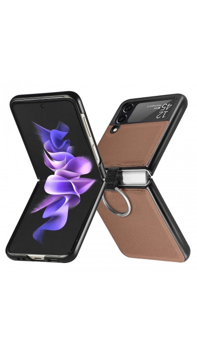 Coque Samsung Galaxy Z Flip3 5G - Fourre en cuir de luxe au look élégant avec anneau de transport - Brun