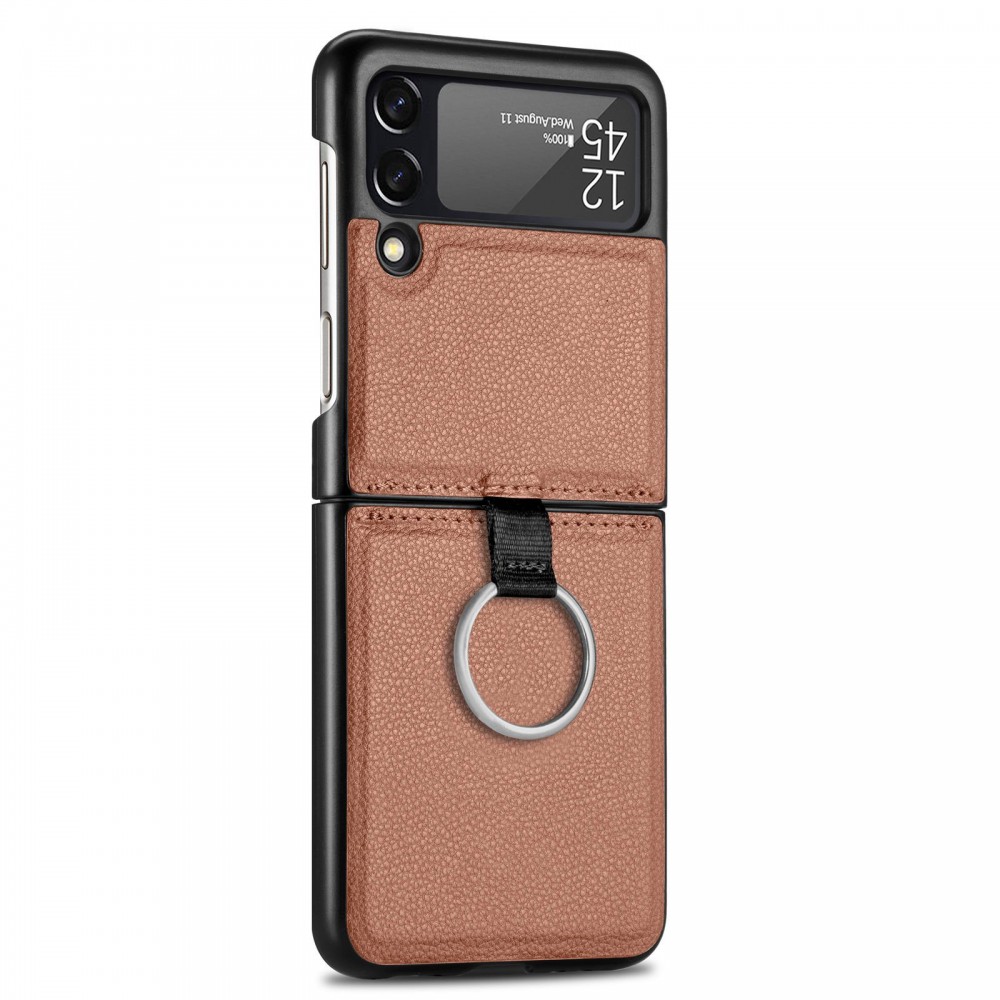 Coque Samsung Galaxy Z Flip3 5G - Fourre en cuir de luxe au look élégant avec anneau de transport - Brun
