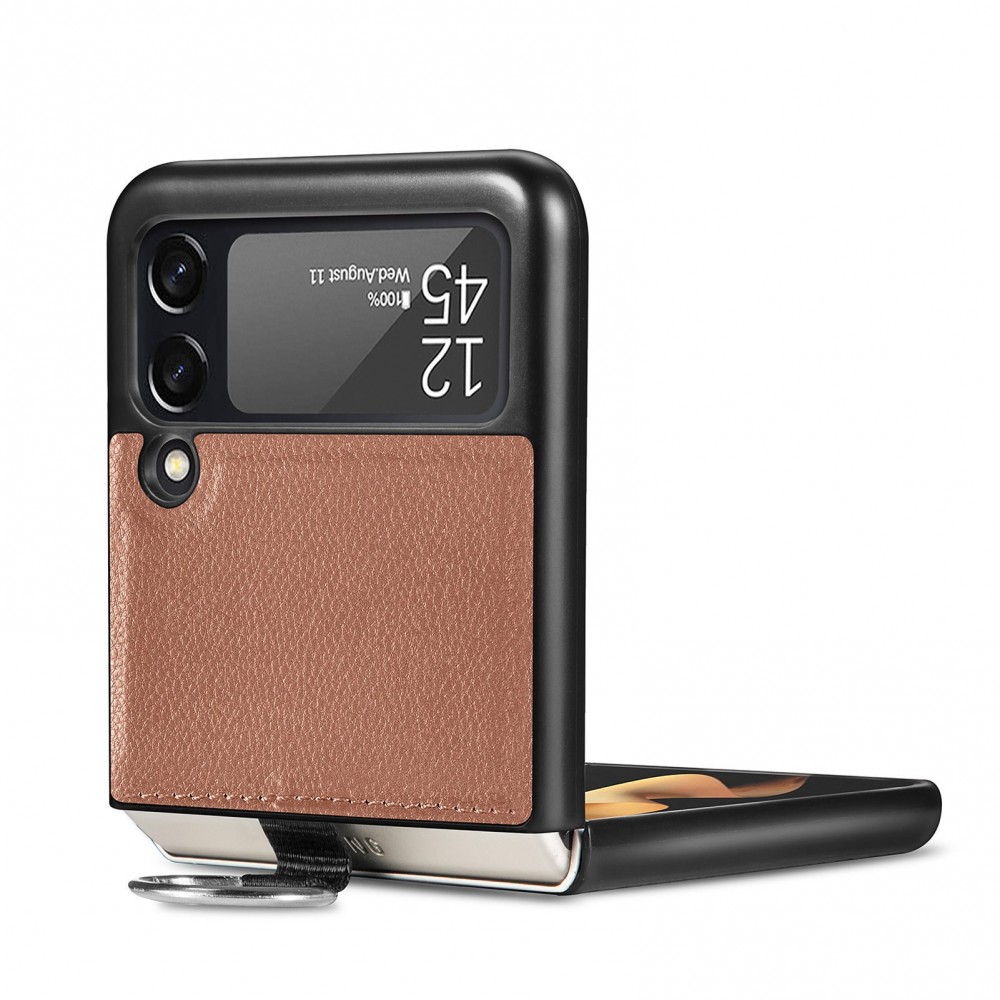 Coque Samsung Galaxy Z Flip3 5G - Fourre en cuir de luxe au look élégant avec anneau de transport - Brun