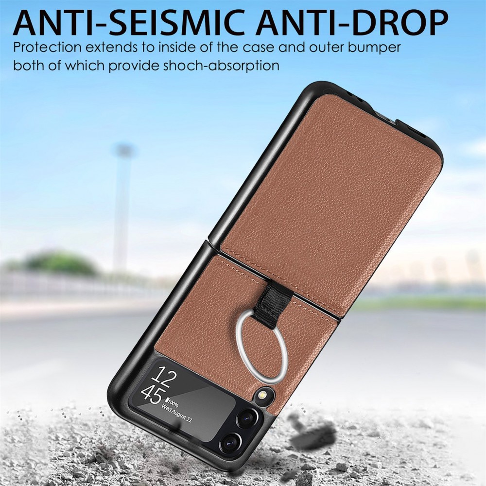 Coque Samsung Galaxy Z Flip3 5G - Fourre en cuir de luxe au look élégant avec anneau de transport - Brun