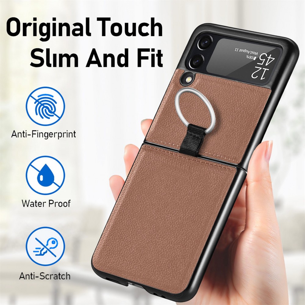 Coque Samsung Galaxy Z Flip3 5G - Fourre en cuir de luxe au look élégant avec anneau de transport - Brun