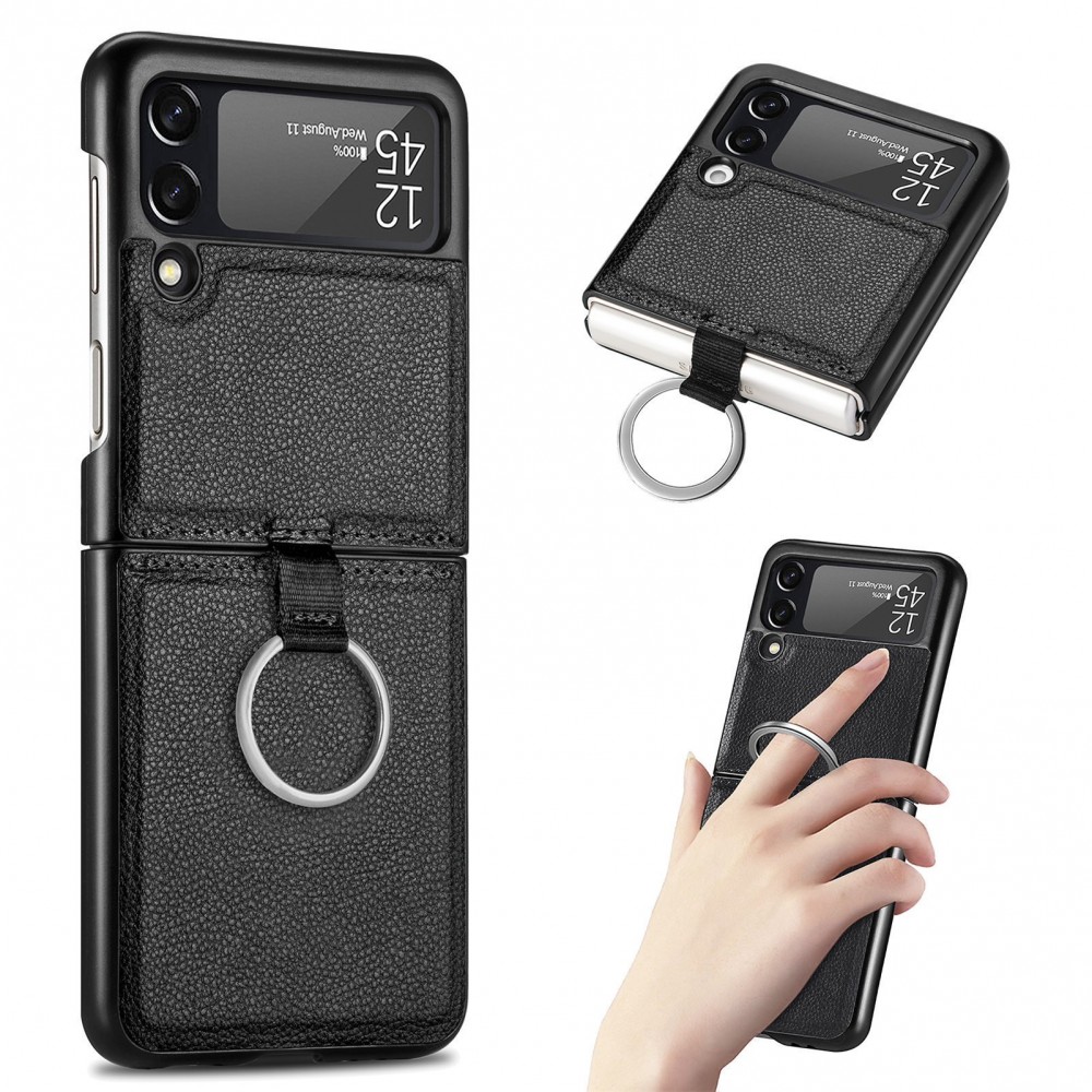 Coque Samsung Galaxy Z Flip3 5G - Fourre en cuir de luxe au look élégant avec anneau de transport - Brun