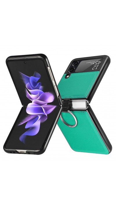 Coque Samsung Galaxy Z Flip3 5G - Fourre en cuir de luxe au look élégant avec anneau de transport - Vert