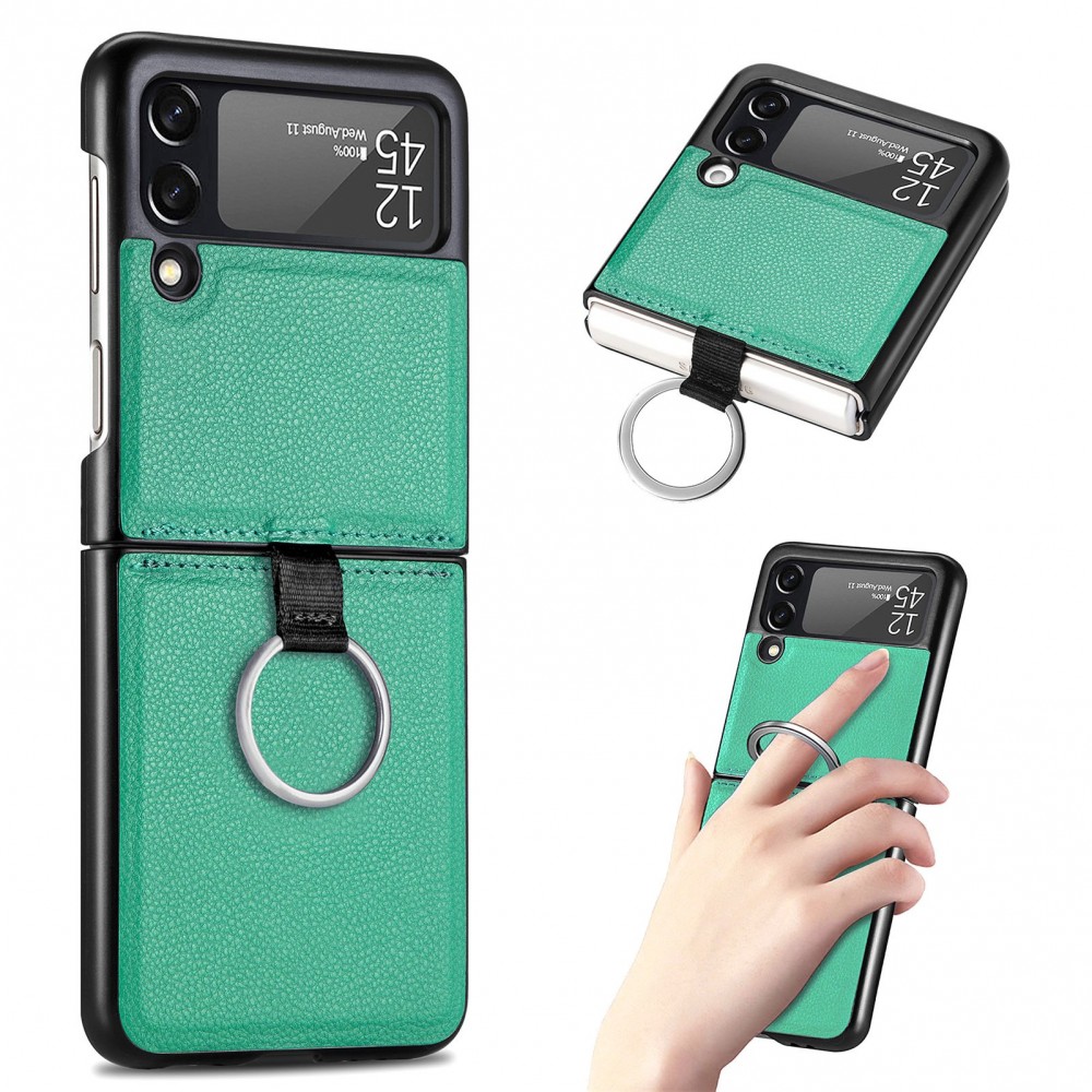 Coque Samsung Galaxy Z Flip3 5G - Fourre en cuir de luxe au look élégant avec anneau de transport - Vert