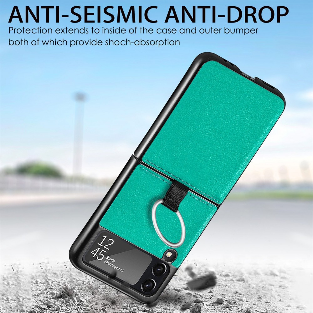 Coque Samsung Galaxy Z Flip3 5G - Fourre en cuir de luxe au look élégant avec anneau de transport - Vert