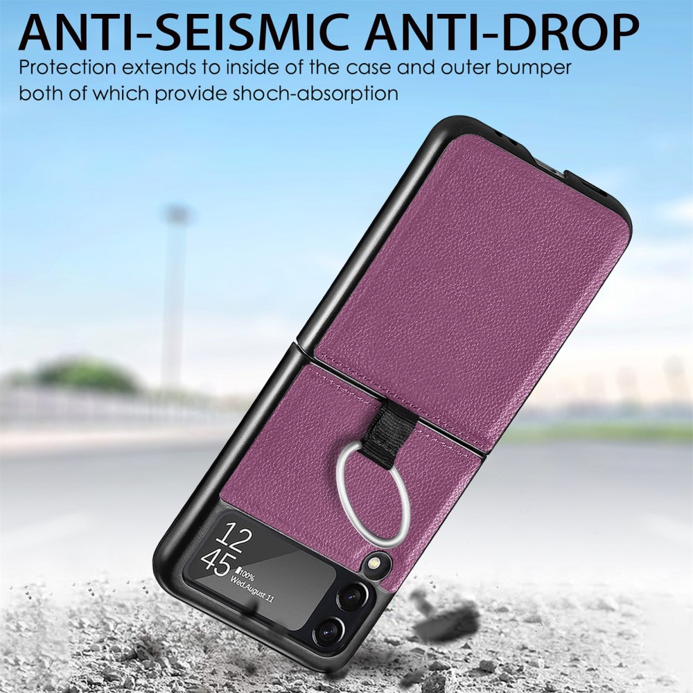 Coque Samsung Galaxy Z Flip3 5G - Fourre en cuir de luxe au look élégant avec anneau de transport - Violet