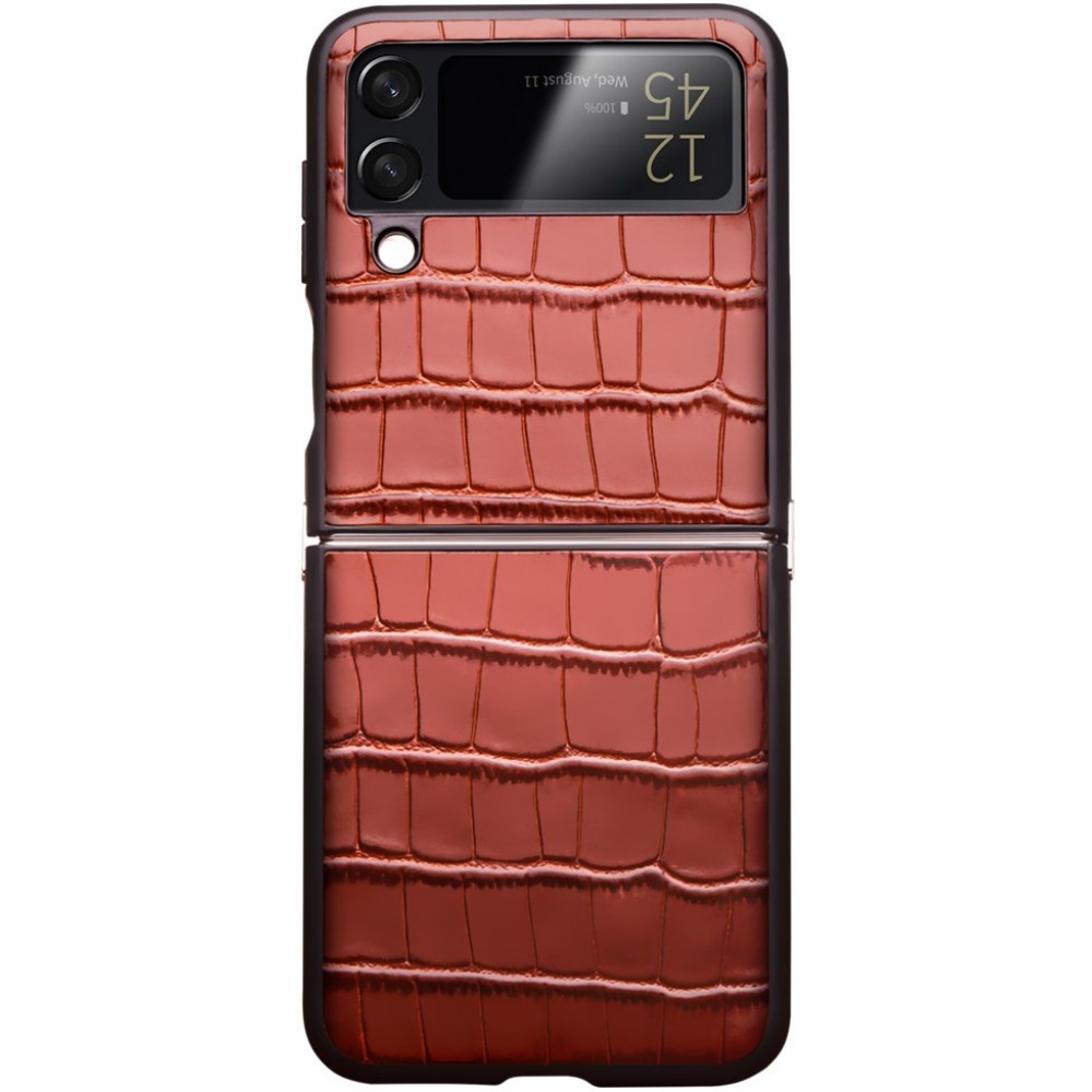 Galaxy Z Flip4 Case Hülle - Qialino Croco Echtleder - Braun