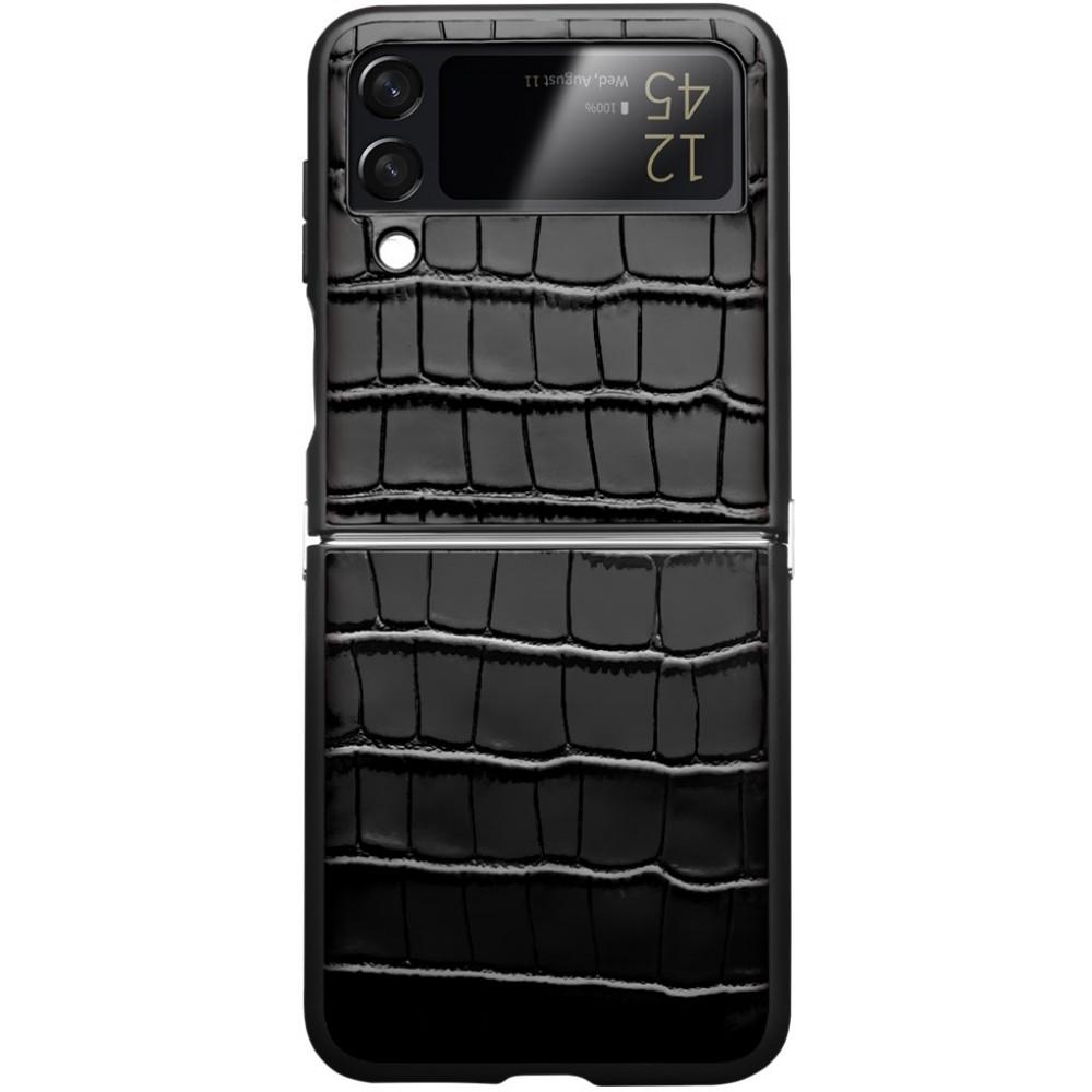 Coque Samsung Galaxy Z Flip4 - Croco Qialino cuir véritable - Noir