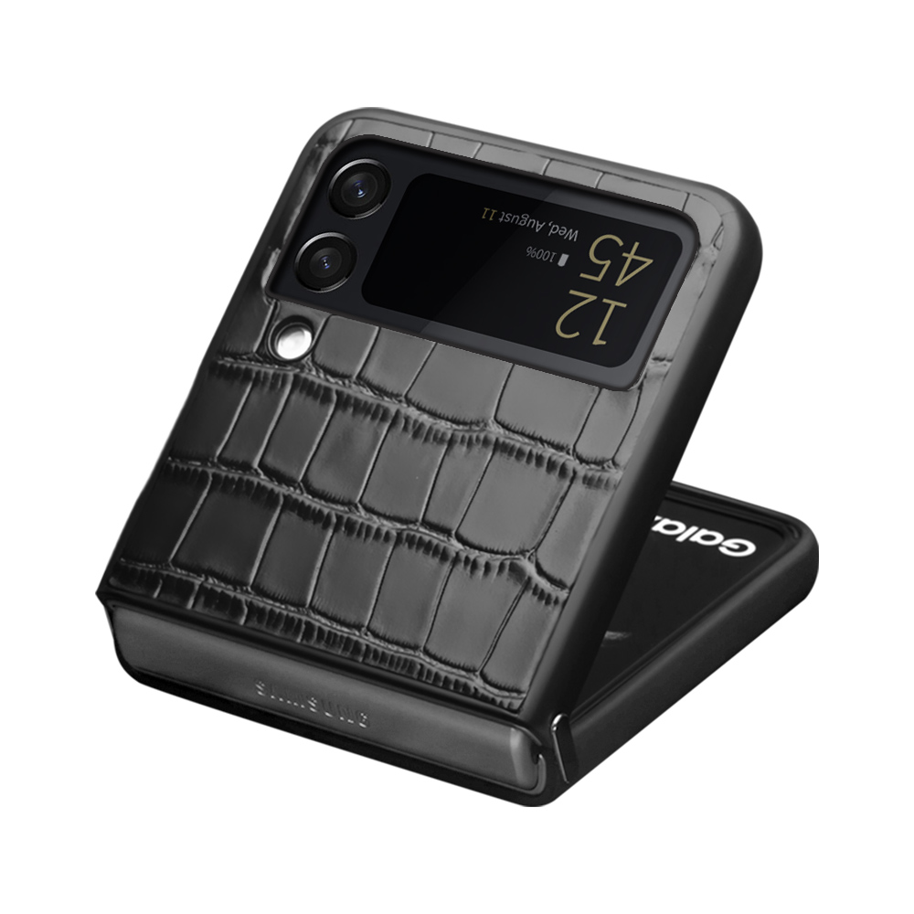 Coque Samsung Galaxy Z Flip4 - Croco Qialino cuir véritable - Noir