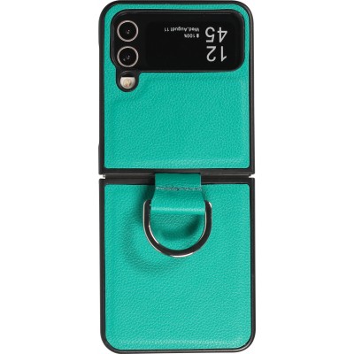 Coque Samsung Galaxy Z Flip4 - Design en cuir avec anneau de support - Turquoise