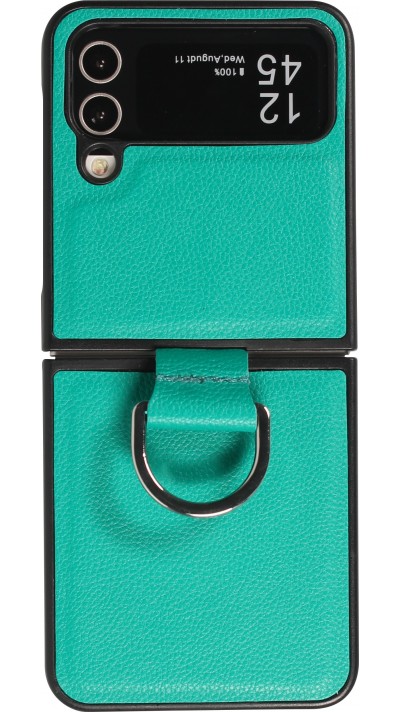 Coque Samsung Galaxy Z Flip5 - Design en cuir avec anneau de support - Turquoise