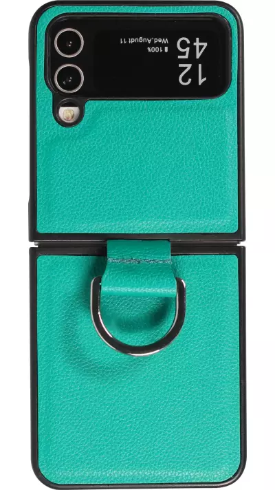 Coque Samsung Galaxy Z Flip5 - Design en cuir avec anneau de support - Turquoise