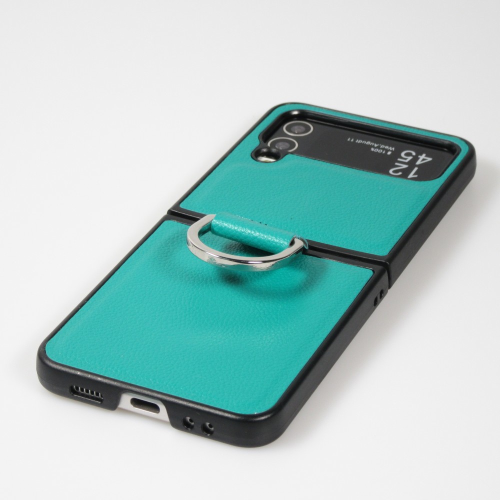Galaxy Z Flip4 Case Hülle - Leder Design mit Haltering - Blau
