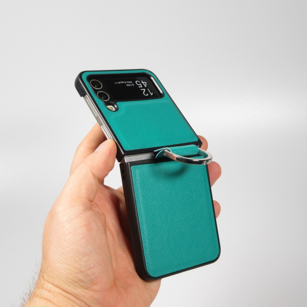 Galaxy Z Flip4 Case Hülle - Leder Design mit Haltering - Blau
