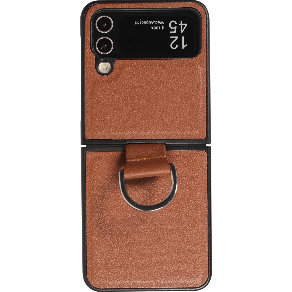 Coque Samsung Galaxy Z Flip5 - Design en cuir avec anneau de support - Brun