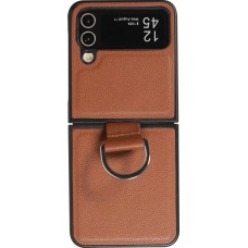 Coque Samsung Galaxy Z Flip5 - Design en cuir avec anneau de support - Brun