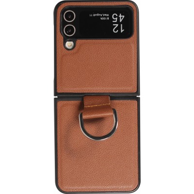 Coque Samsung Galaxy Z Flip4 - Design en cuir avec anneau de support - Brun