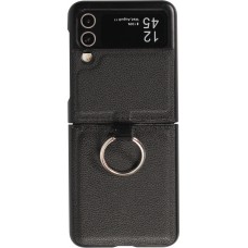 Coque Samsung Galaxy Z Flip4 - Design en cuir avec anneau de support - Noir