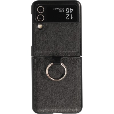 Samsung Galaxy Z Flip5 Case Hülle - Leder Design mit Haltering - Schwarz