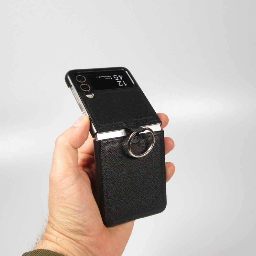 Coque Samsung Galaxy Z Flip4 - Design en cuir avec anneau de support - Noir