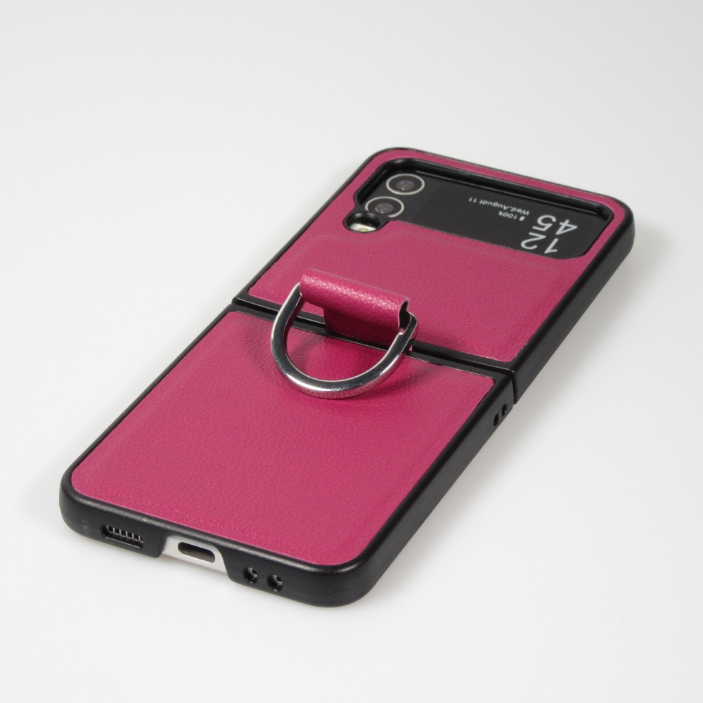 Galaxy Z Flip4 Case Hülle - Leder Design mit Haltering - Dunkelrosa