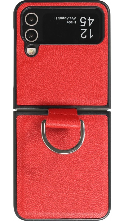 Coque Samsung Galaxy Z Flip4 - Design en cuir avec anneau de support - Rouge
