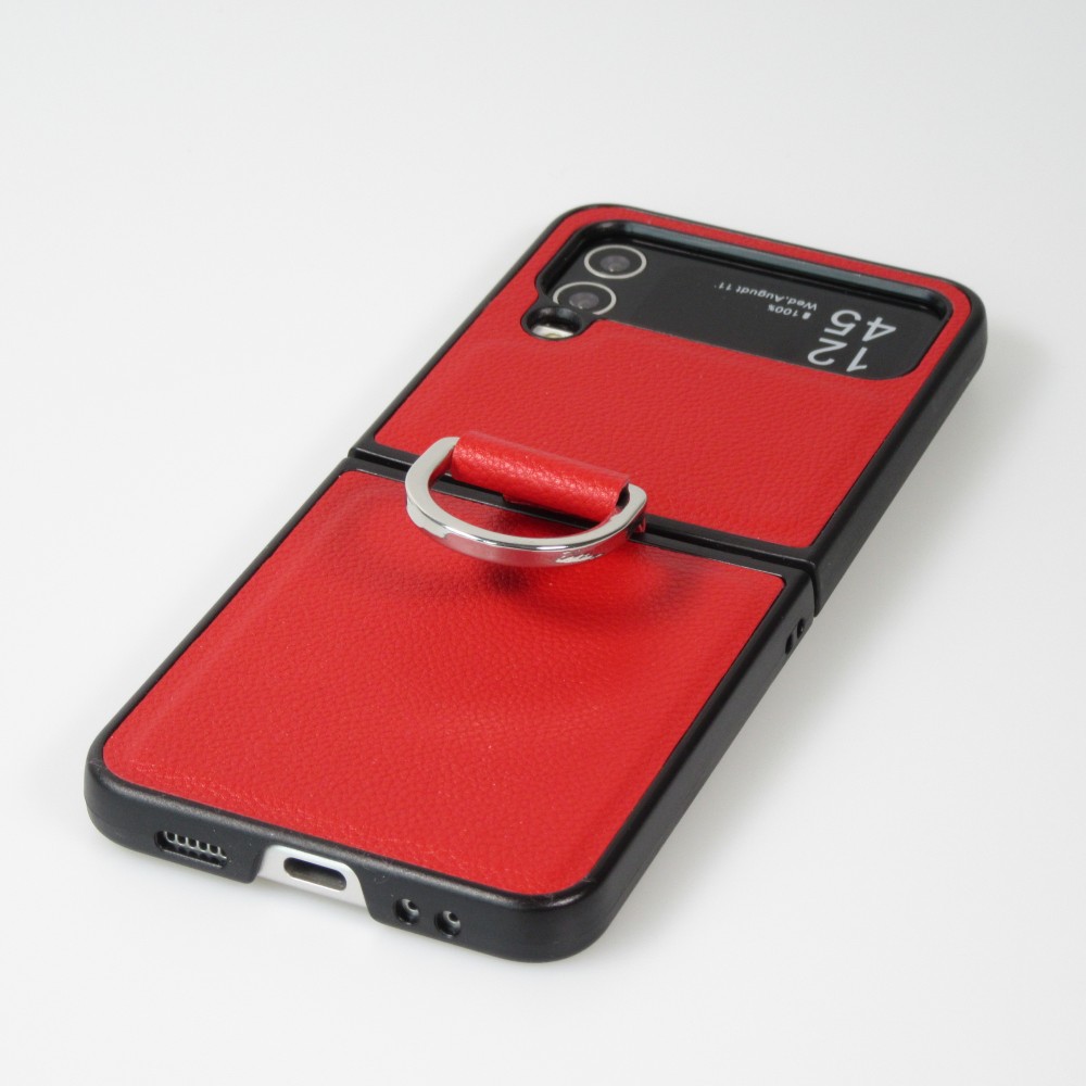 Coque Samsung Galaxy Z Flip4 - Design en cuir avec anneau de support - Rouge