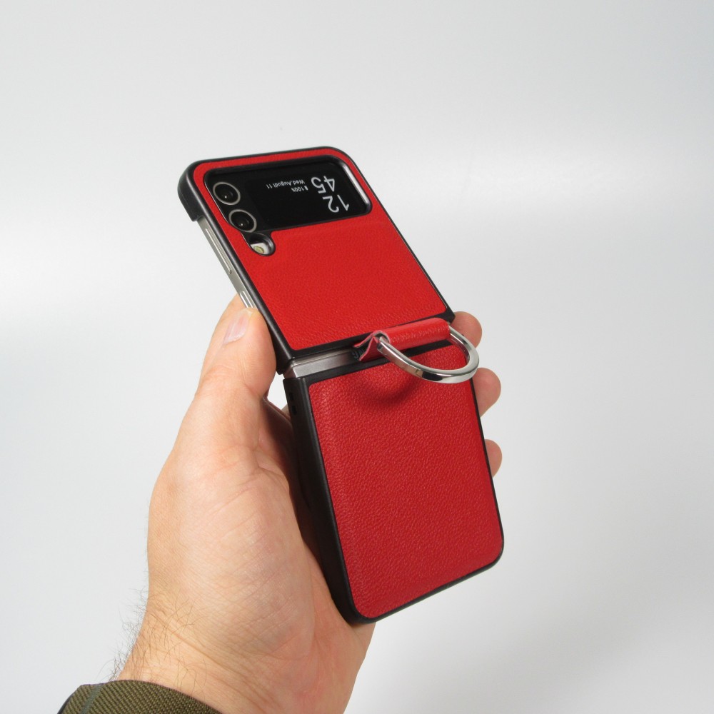 Coque Samsung Galaxy Z Flip4 - Design en cuir avec anneau de support - Rouge