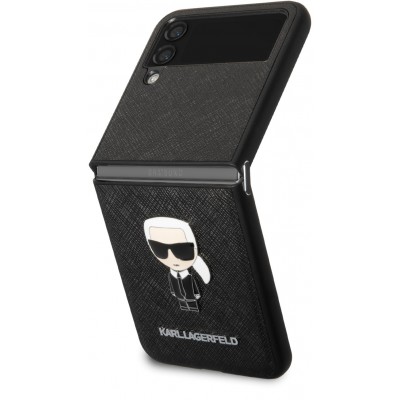 Coque Samsung Galaxy Z Flip4 - Karl Lagerfeld similicuir avec logo métallique en relief - Noir