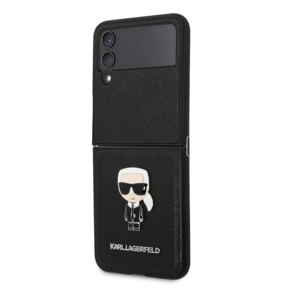 Coque Samsung Galaxy Z Flip4 - Karl Lagerfeld similicuir avec logo métallique en relief - Noir
