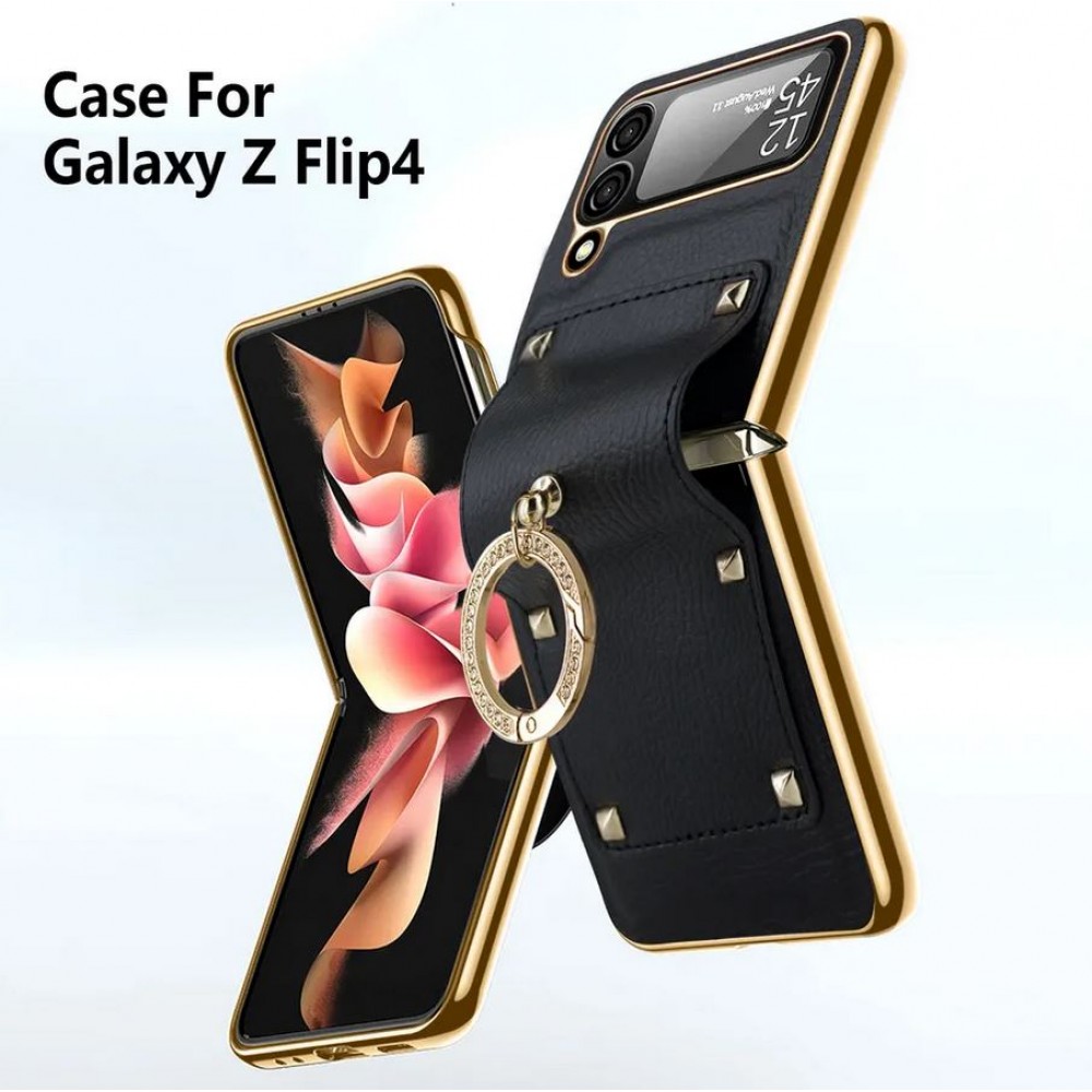 Galaxy Z Flip4 Case Hülle - Luxury Leder Ring - Schwarz