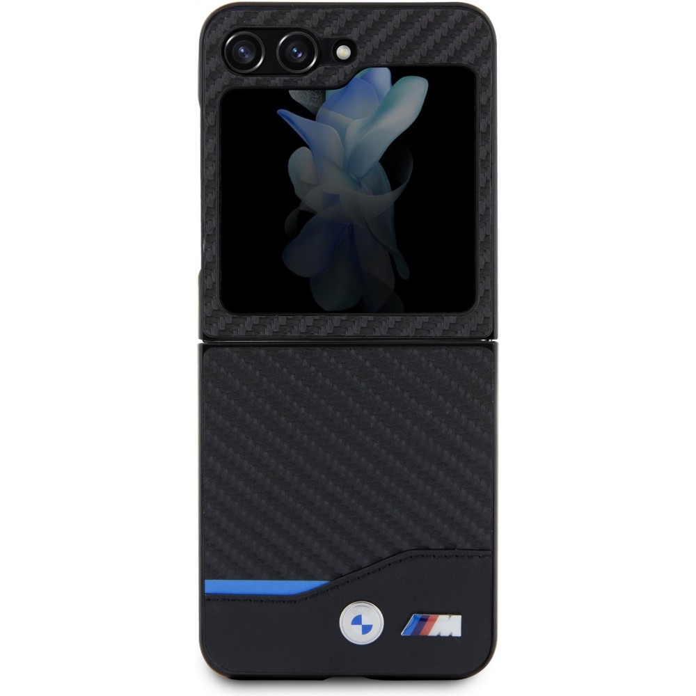 Samsung Galaxy Z Flip5 Case Hülle - BMW M Karbon-Effekt und Leder mit geprägtem Metall-Logo - Schwarz