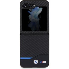 Samsung Galaxy Z Flip5 Case Hülle - BMW M Karbon-Effekt und Leder mit geprägtem Metall-Logo - Schwarz