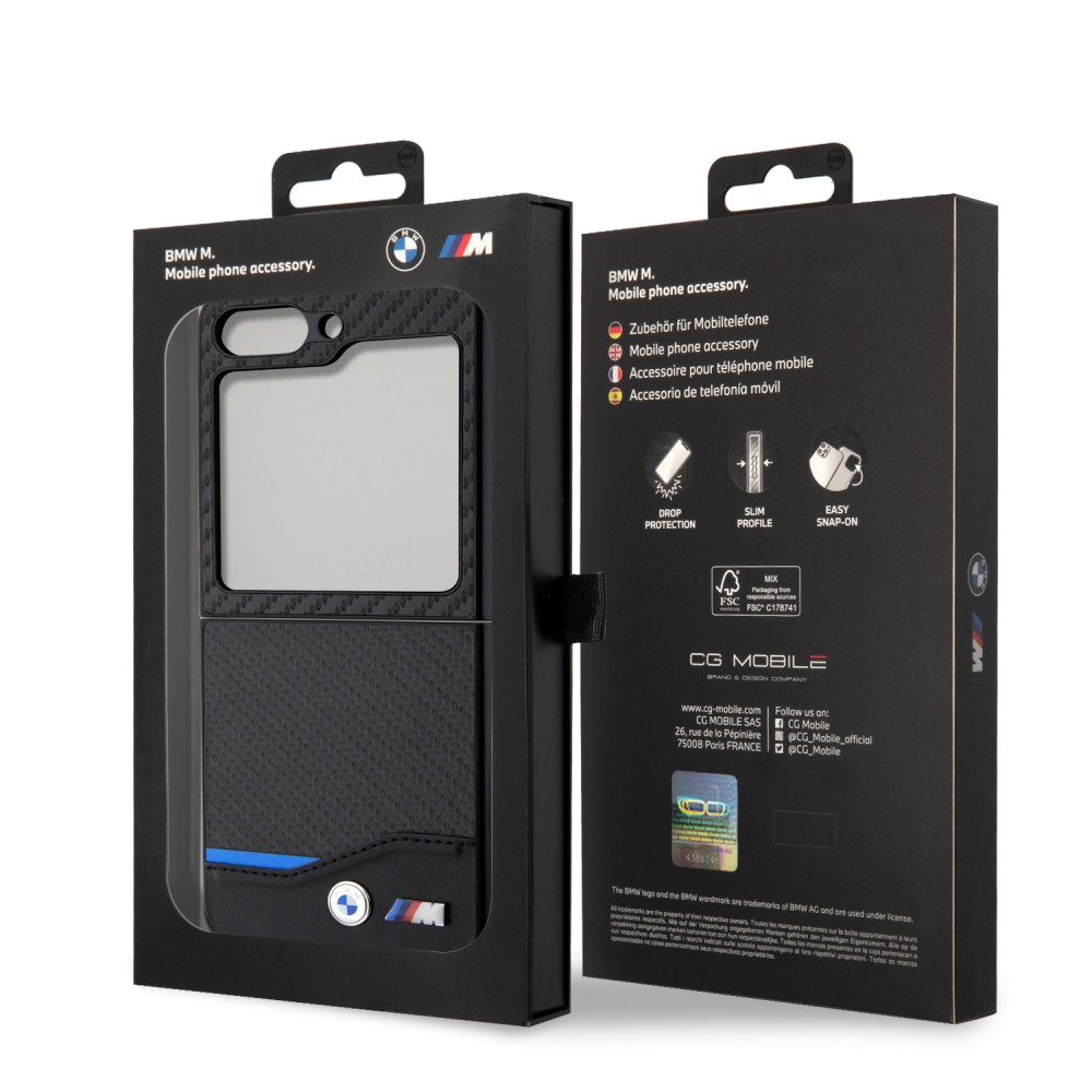 Samsung Galaxy Z Flip5 Case Hülle - BMW M Karbon-Effekt und Leder mit geprägtem Metall-Logo - Schwarz