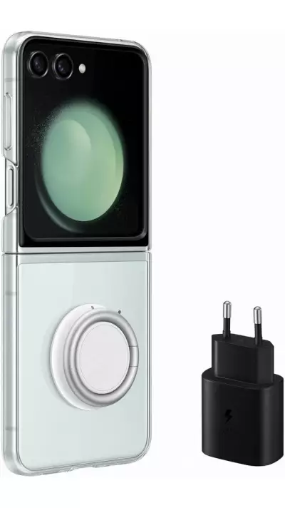 Coque Samsung Galaxy Z Flip5 - Coque transparente avec anneau de soutien + chargeur USB-C 25W (Samsung Starter Pack)