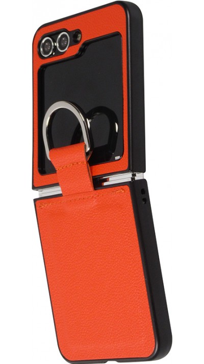 Coque Samsung Galaxy Z Flip5 - Design en cuir avec anneau de support - Orange