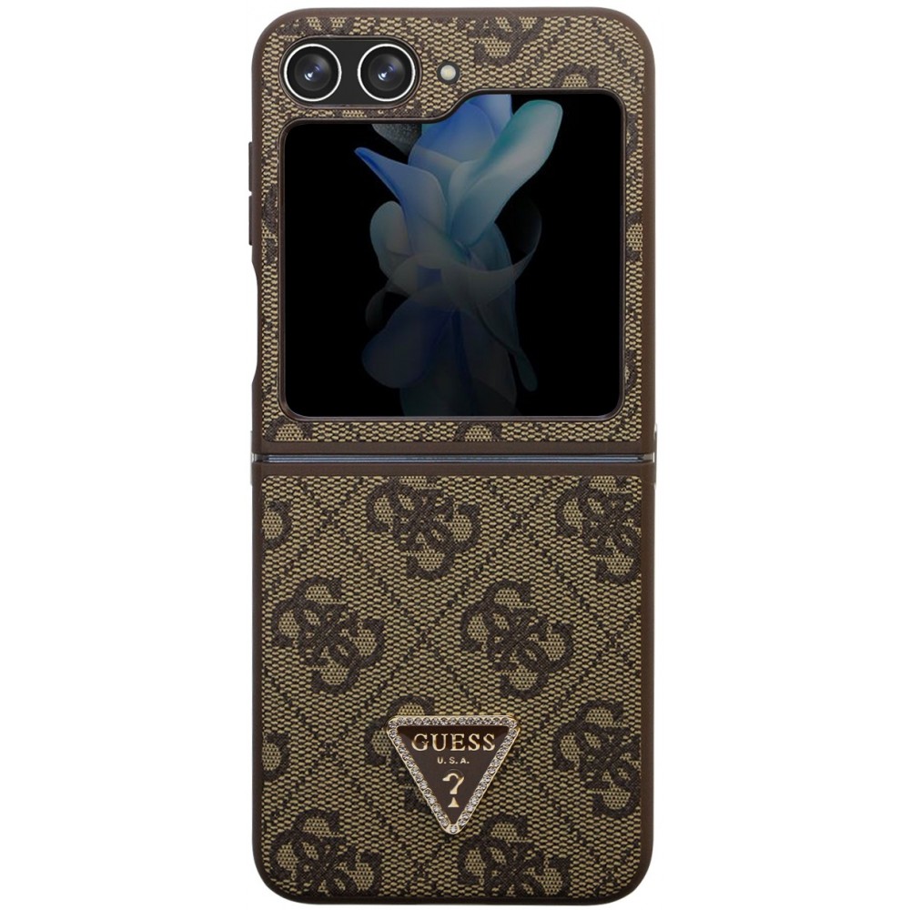 Coque Samsung Galaxy Z Flip5 - Guess monogramme similicuir logo métal et strass - Brun