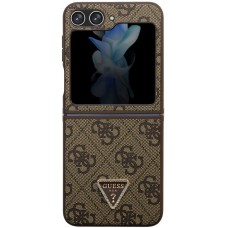 Coque Samsung Galaxy Z Flip5 - Guess monogramme similicuir logo métal et strass - Brun