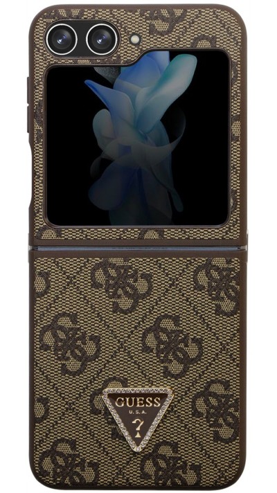 Coque Samsung Galaxy Z Flip5 - Guess monogramme similicuir logo métal et strass - Brun