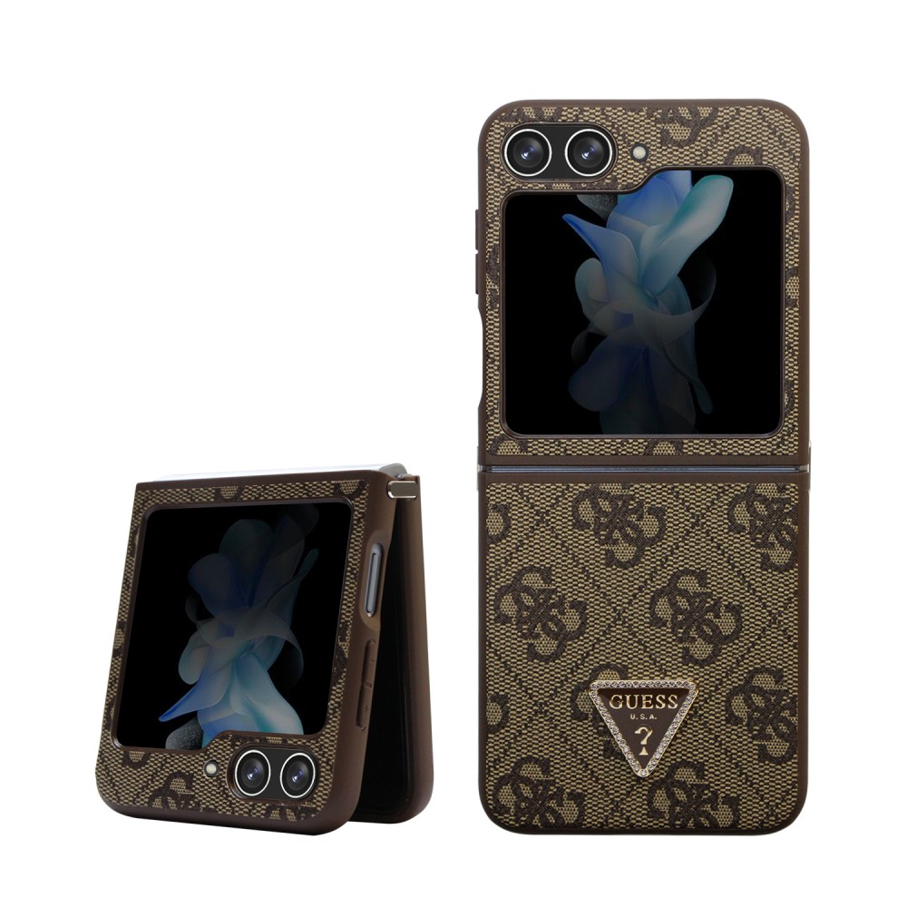 Coque Samsung Galaxy Z Flip5 - Guess monogramme similicuir logo métal et strass - Brun