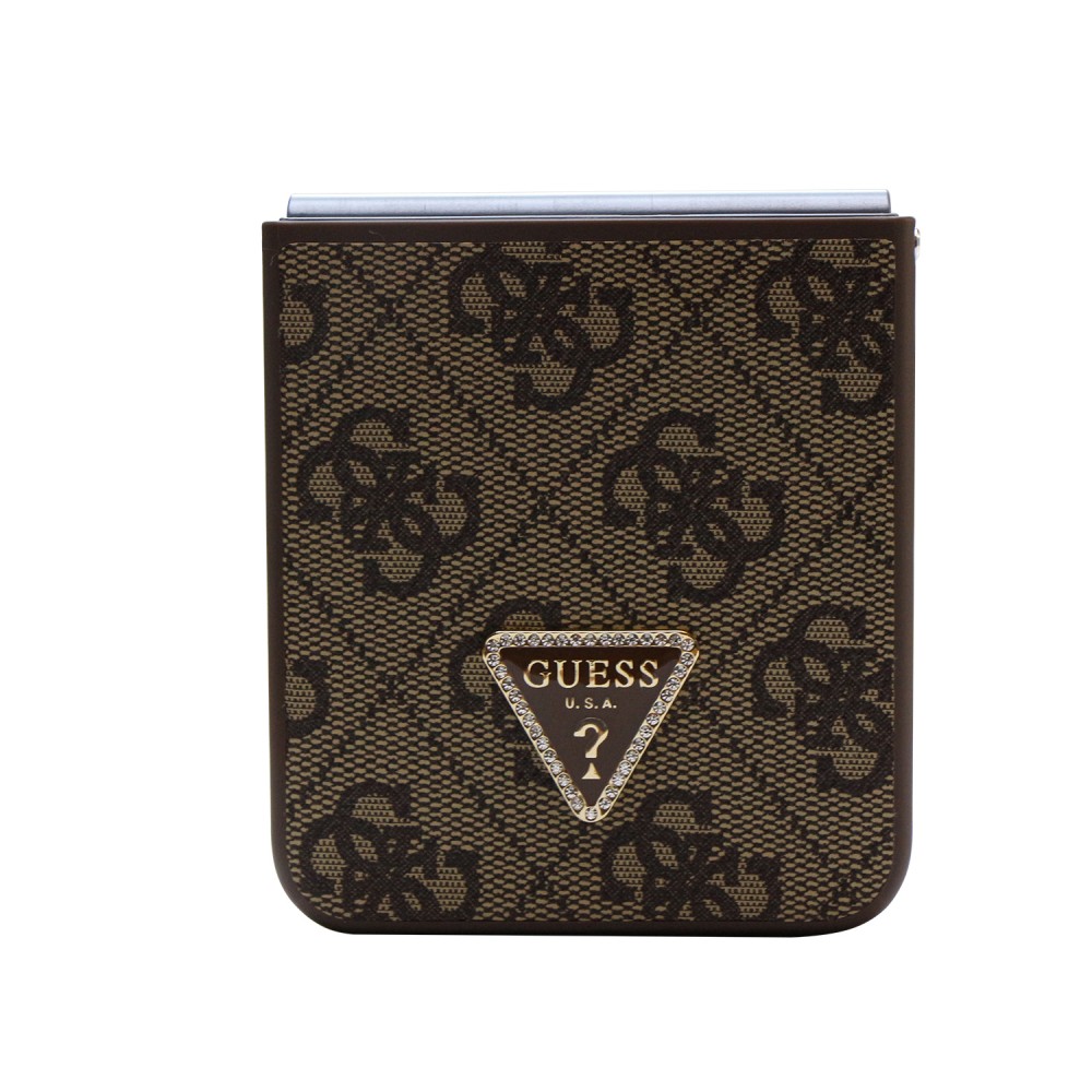 Coque Samsung Galaxy Z Flip5 - Guess monogramme similicuir logo métal et strass - Brun
