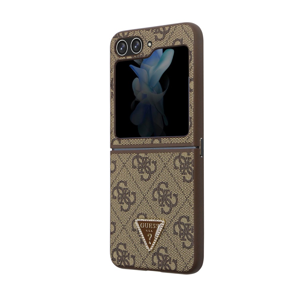 Coque Samsung Galaxy Z Flip5 - Guess monogramme similicuir logo métal et strass - Brun