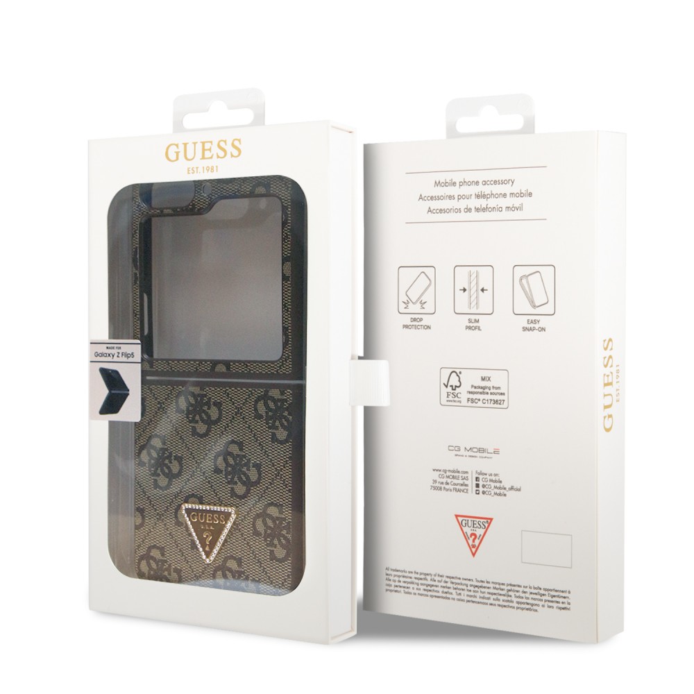 Coque Samsung Galaxy Z Flip5 - Guess monogramme similicuir logo métal et strass - Brun