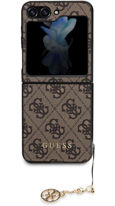 Coque Samsung Galaxy Z Flip5 - Guess toile similicuir monogramme logo métallique doré avec pendentif charm - Brun