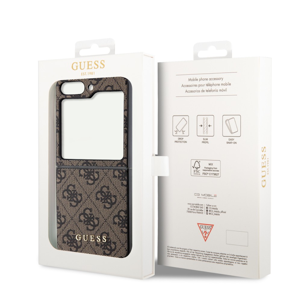 Coque Samsung Galaxy Z Flip5 - Guess toile similicuir monogramme logo métallique doré avec pendentif charm - Brun